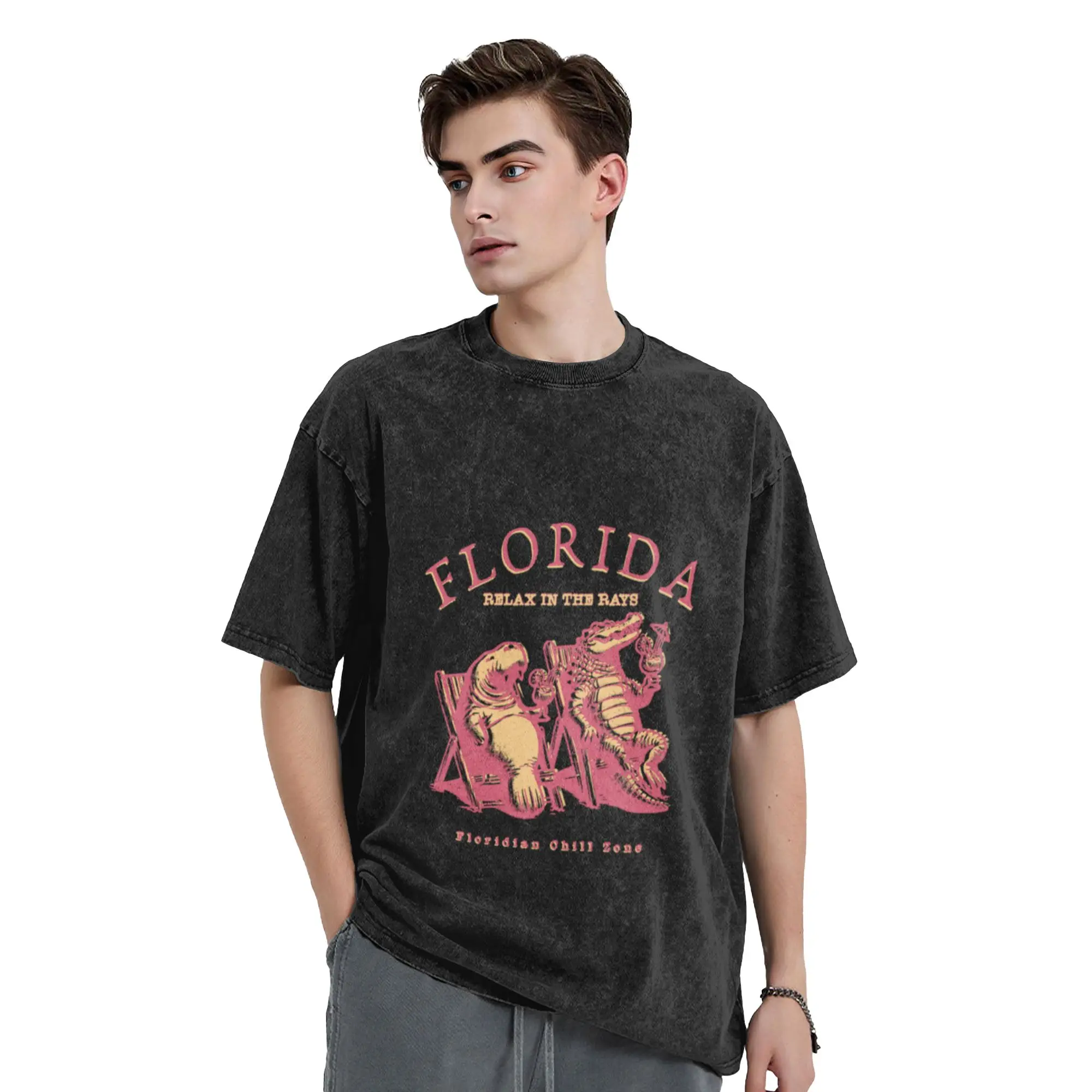 Florida Manatee and Alligator Relaxing Illustration Classic Trendy A Vintage Oversized Cotton Unisex T-Shirts