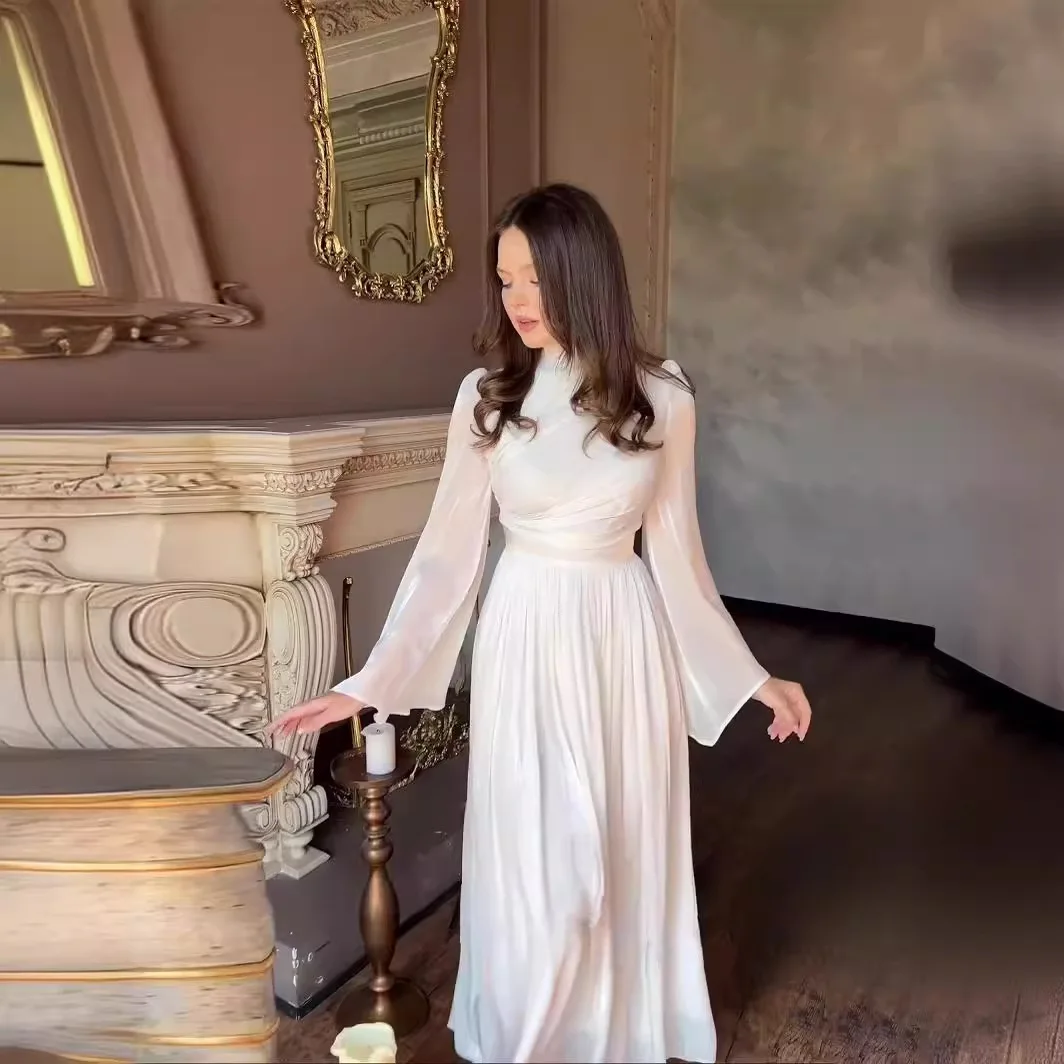 French Luxury Pleated Wedding Formal Occasion Dresses For Women's Elegant A Line Long Sleeve Chic Shine Robe Holiday Clothes