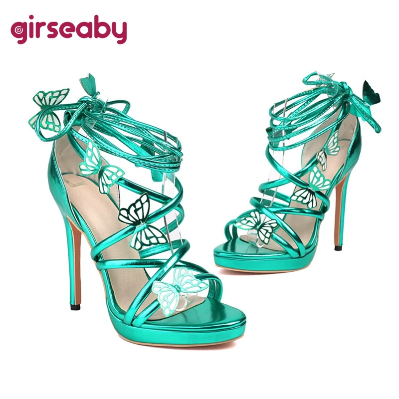 Girseaby Sexy Elegant Open Toe Women Sandals Cross Strap Party Thin Stiletto Heel Big Size 30 46 47 48 49 50 Silver Green Red