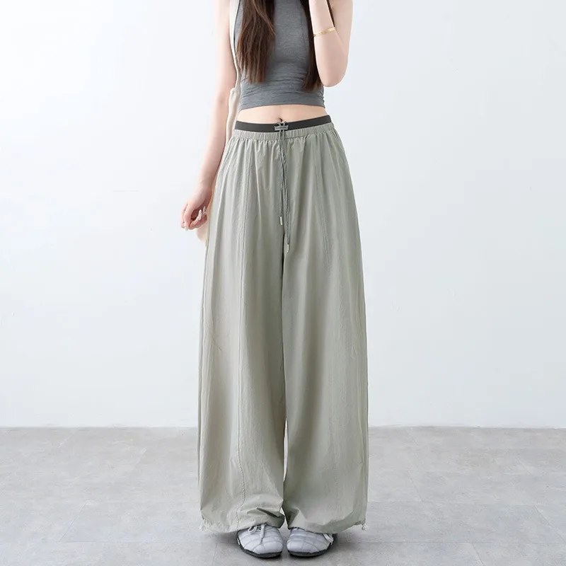 Women Contrast Color Waistband Wide Leg Pants High Waist Drawstring Loose Casual Lightweight Trousers For Summer