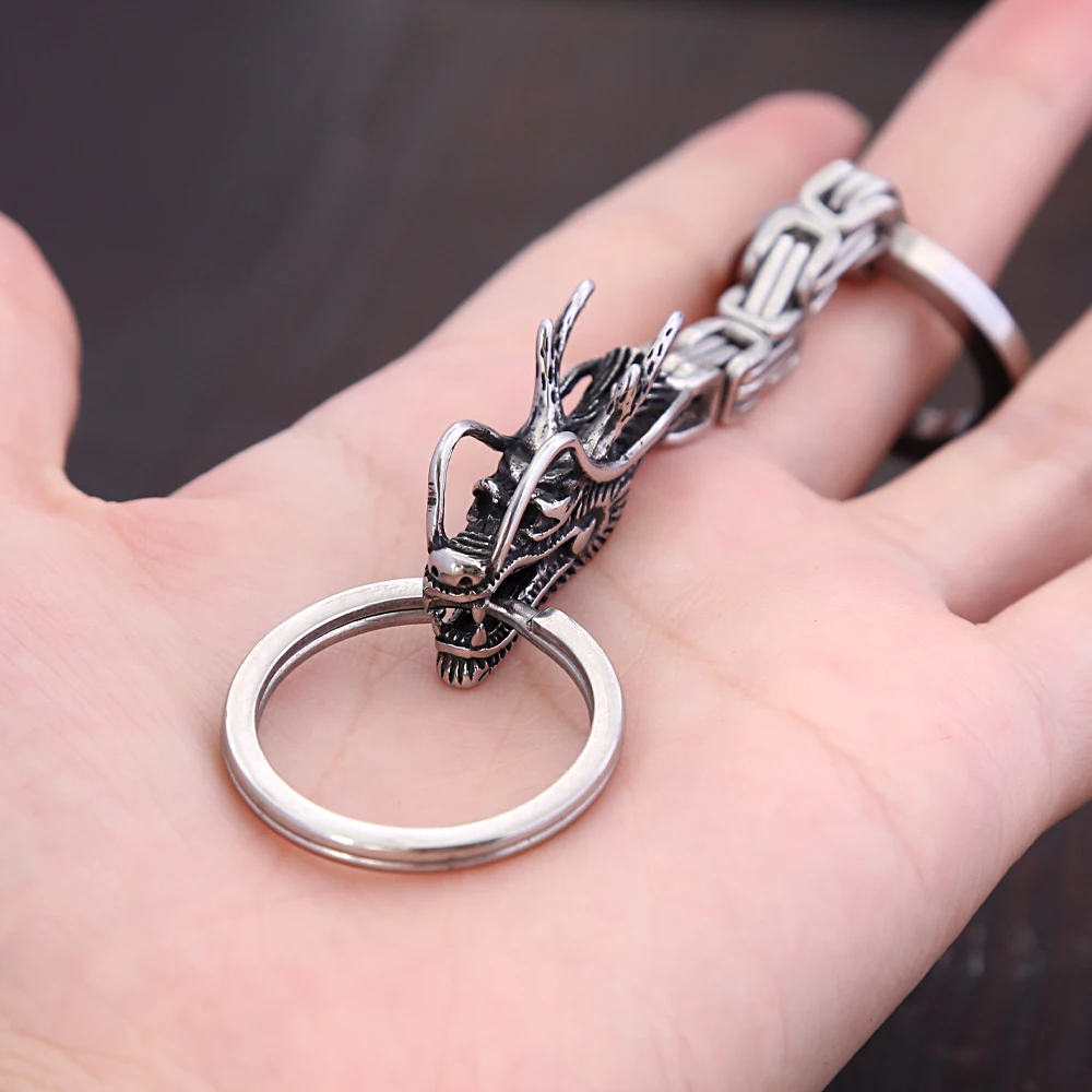 Punk Retro Nordic Viking Dragon Head Keychain Stainless Steel Men\'s Unique Emperor Chain Keychain Fashion Accessories Wholesale