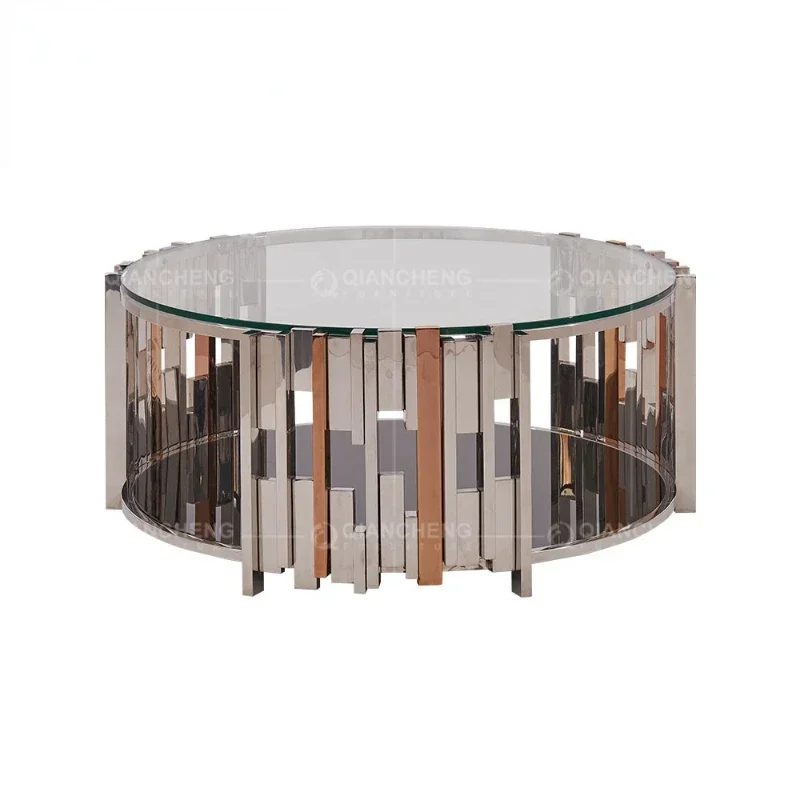 Foshan furniture engineering custom light luxury stainless steel coffee table round designer recommended steel glass coffee tabl