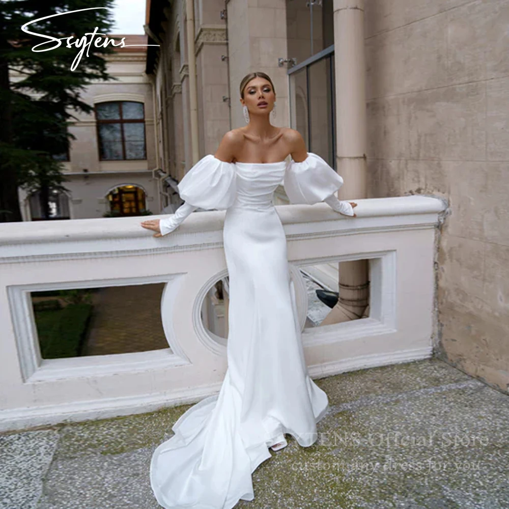 

SSYTENS Modern Satin Wedding Dresses 2025 Sexy Mermaid Simple Pleats Bridal Gowns Women Detachable Long Sleeves Vestido de Novia