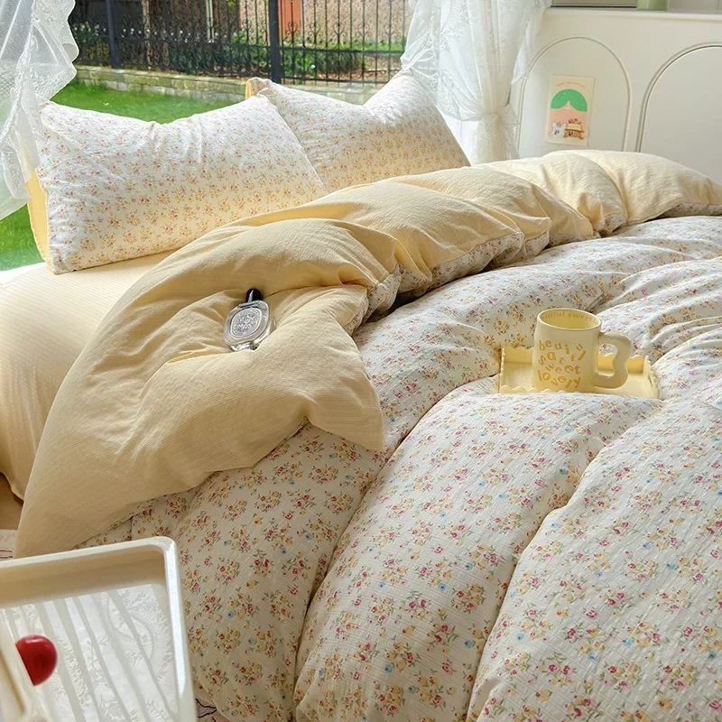 

2024 New A-class Mother and Baby Grade Washed Cotton Bed Four Piece Set Small Fresh Bed Sheets, Duvet Covers, Bed Sheets