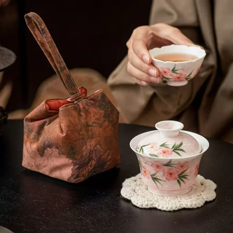 Peach Powder Hand-painted Peach Blossom Express Cup Ceramic Portable Travel Tea Set One Person Drink Outdoor Tea et Storage Bag