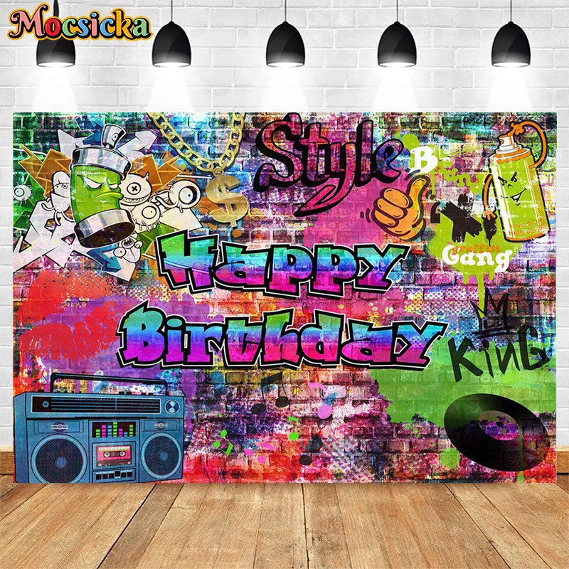 Mocsicka Graffiti Brick Wall Birthday Background Hip-Hop Pop Music Party Decorations Studio Photography Curtain Props