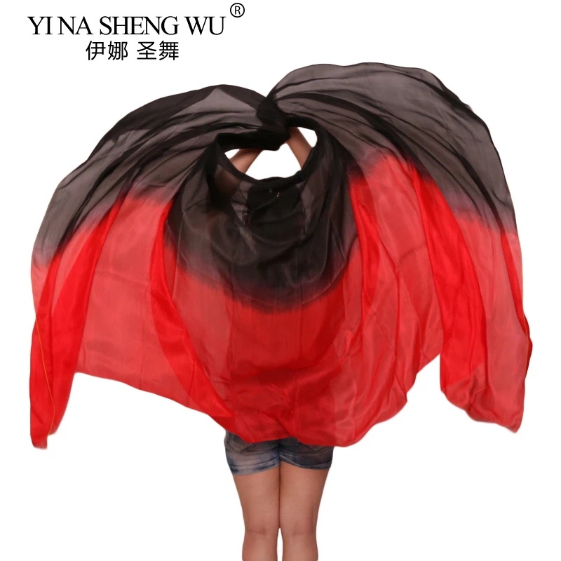 100% الحرير الحقيقي الرقص الشرقي الحجاب 250/270*114 سنتيمتر التدرج اللون أسود + أحمر اليد مصبوغ الرقص اكسسوارات الحجاب الحرير يمكن تخصيصها #2