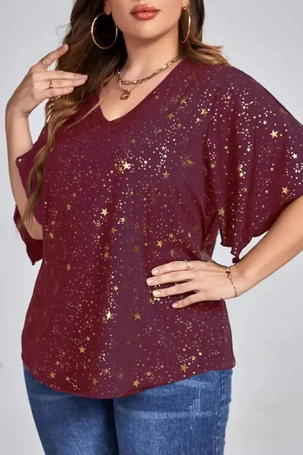 Plus Size natale bordeaux scintillante stampa abbronzante camicetta con scollo a V mezza manica top larghi