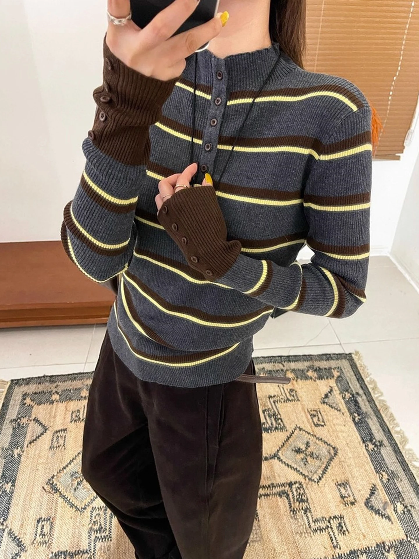 

2025 Autumn Winter Striped Color Blo Long Sve Knitted Sweater Korean Sle Commute Top Base irt Trendy Overhead Women