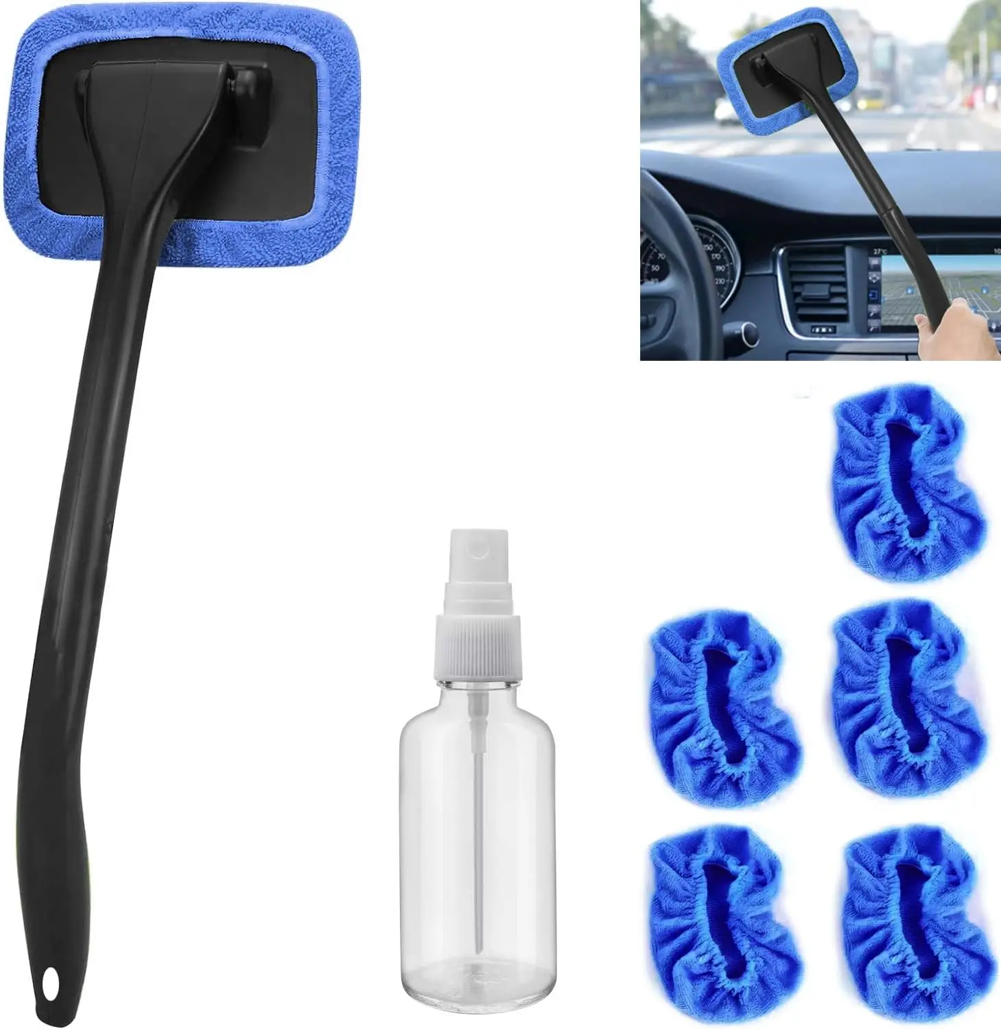 Car Windshield Cleaner Tool with Extendable Handle, Inside Auto Window Glass Cleaning Kit with 5 Washable Microfiber Pads