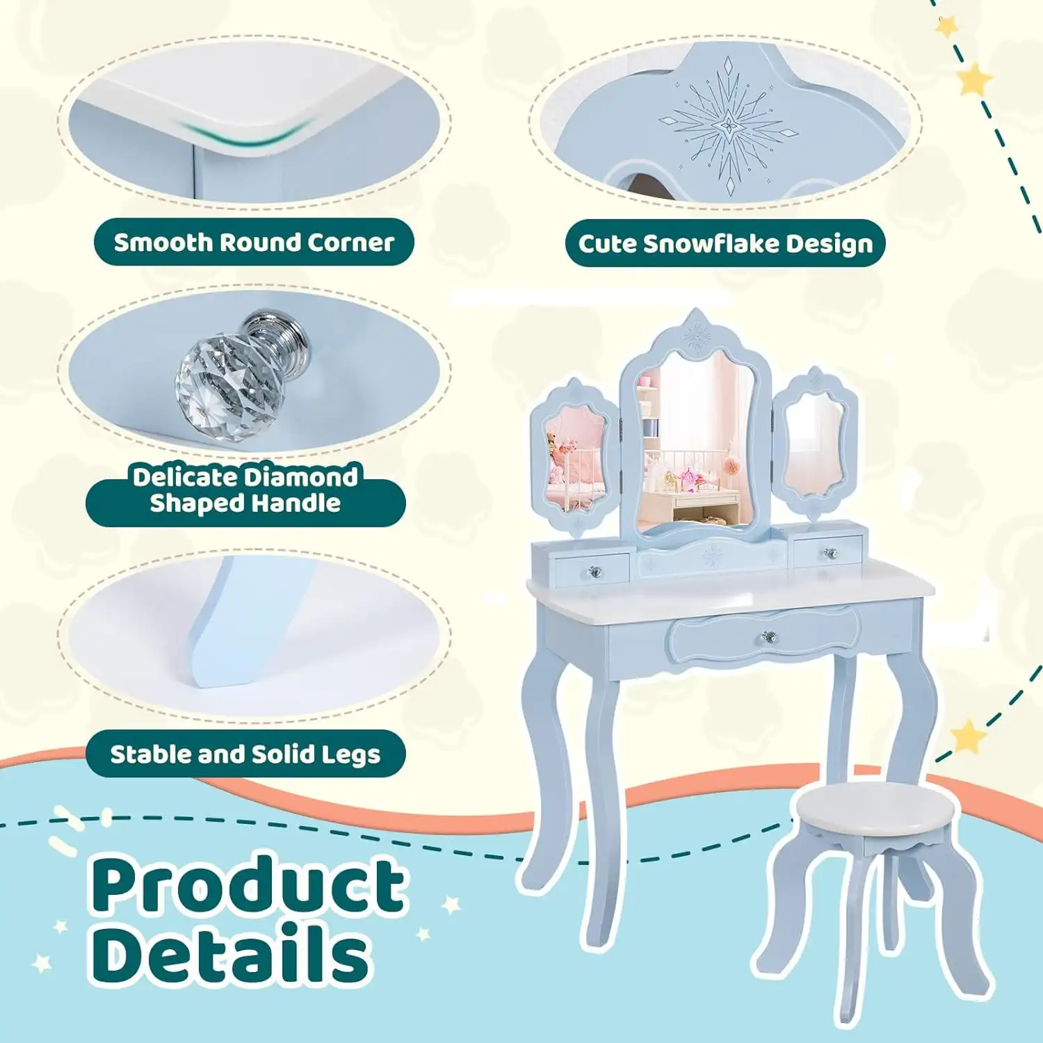 Kids Vanity Set with 2-in-1 Wooden Makeup Table and Stool Table Set, Blue