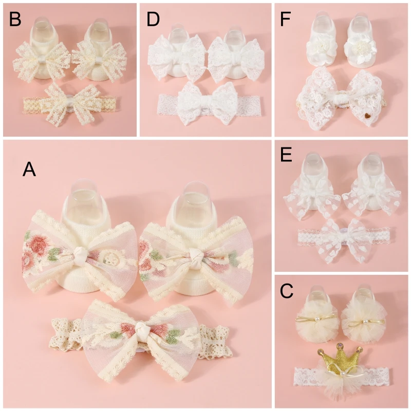 Baby Girls Headband Socks Set Lovely Pearl Bows Non Slip Cotton Sock Lace Flower Newborn Hair Band Turban Girl Hair Accessories image 2