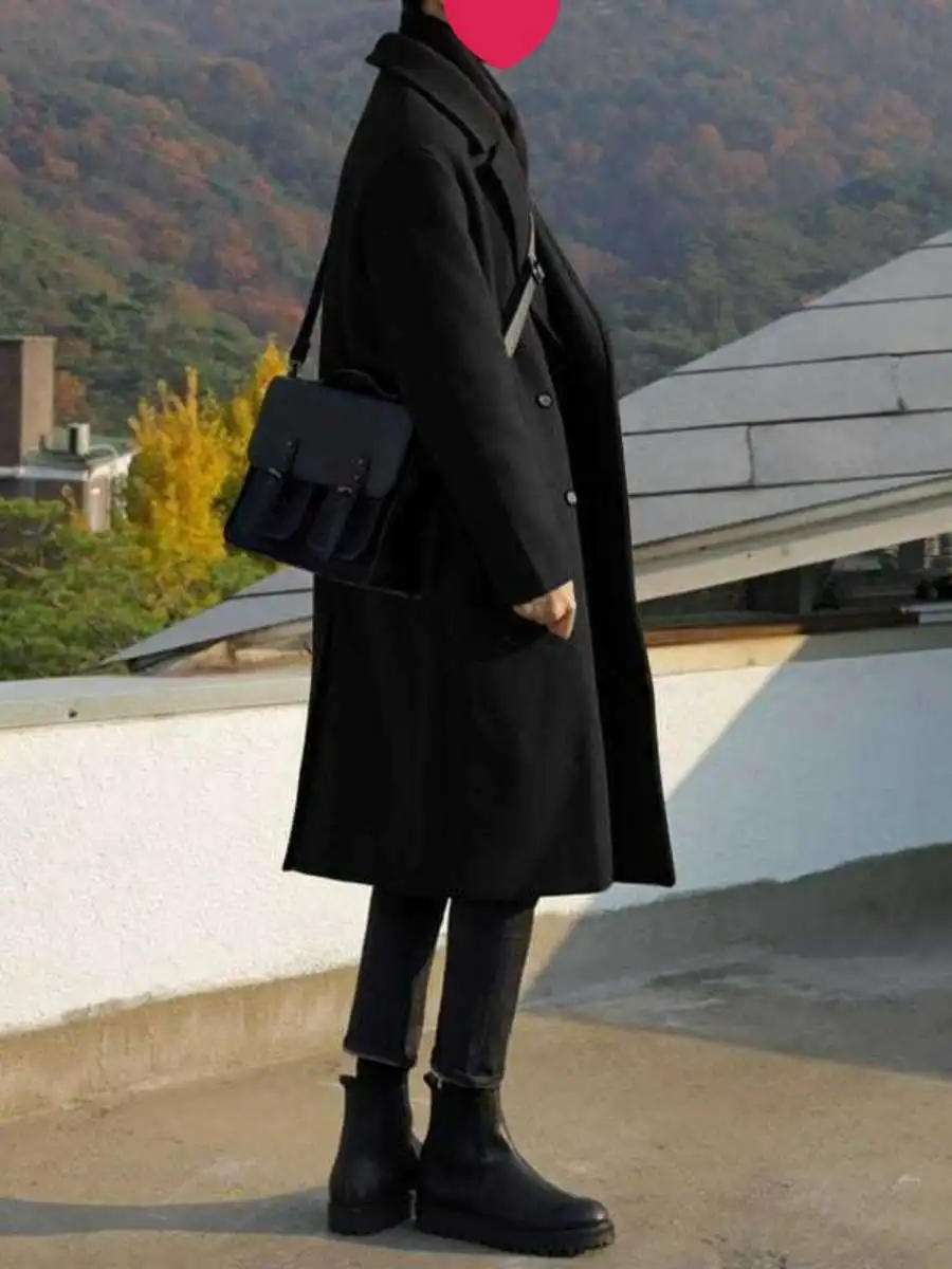 

Мужское шерстяное пальто на осень-зиму, повседневное, универсальное, свободного кроя, удлиненное, модная верхняя одежда, тренч в корейском стиле из искусственной кожи