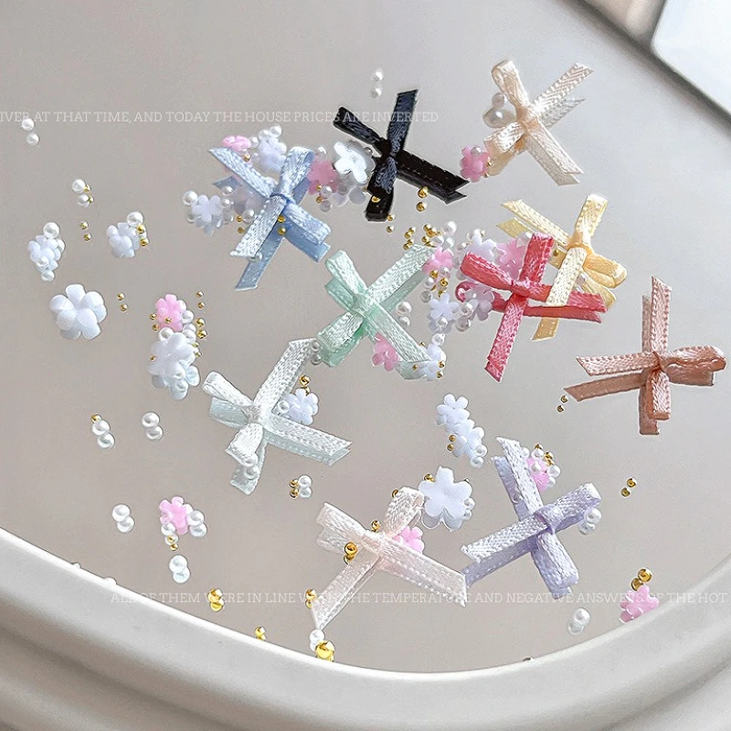 مختلط النسيج ربطة القوس فيونكة الزهور اللؤلؤ المعادن Bowknot سبيكة الذهب الفضة الشريط حبة نجوم مسمار الحفر زينة مانيكير اكسسوارات