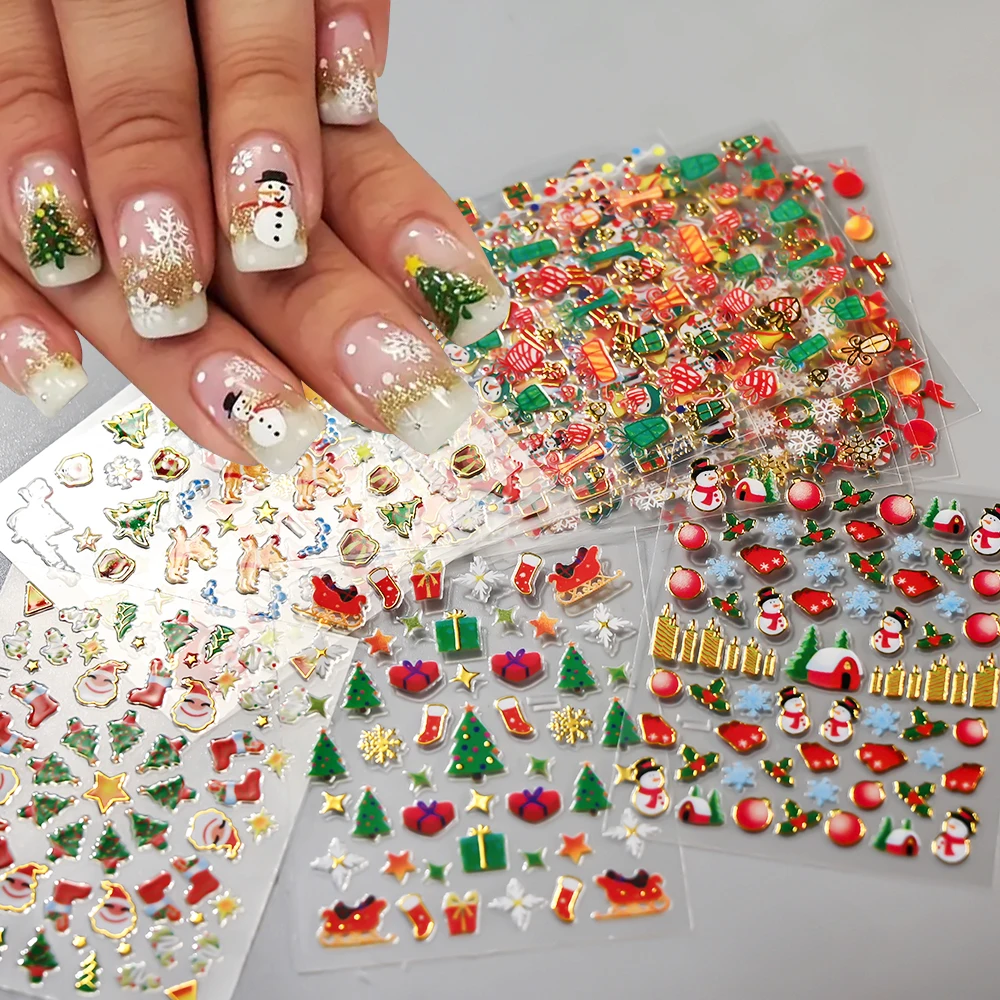 24/30 pçs 3d elegante borda de ouro natal adesivos de unhas bonito boneco de neve árvore de natal papai noel decalques de unhas auto-adesivo slider *