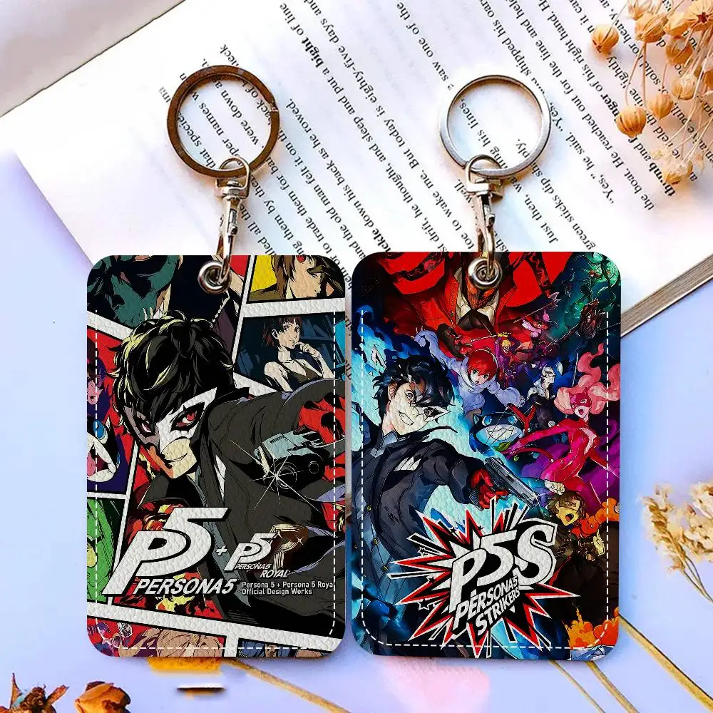 Hot Video Game Persona 5 Gaming Rectangle ID Card Case Keychain Access Card Bag Key Tag Ring Leather Card Holder Key Ring Access