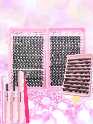 720/200pcs eyelash Extension Kit Fluffy Eyelash Extension kit with Lash Bond and Seal Lash Tweezers Thick Lash Clusters Wispy