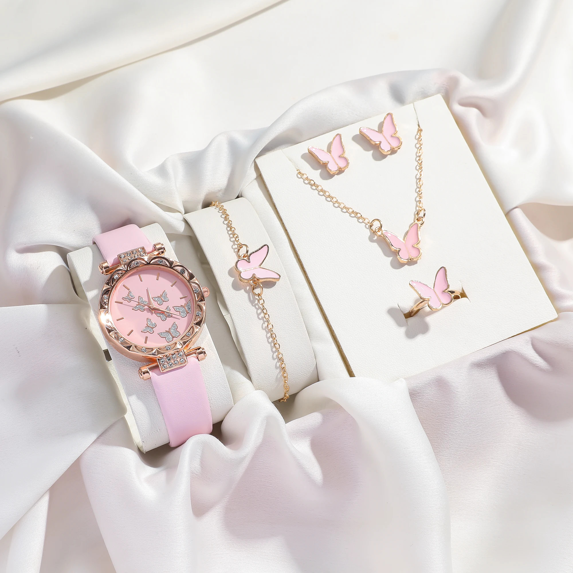 Fresh everything with pink diamond dial belt quartz watch + butterfly jewelry set student girlfriends