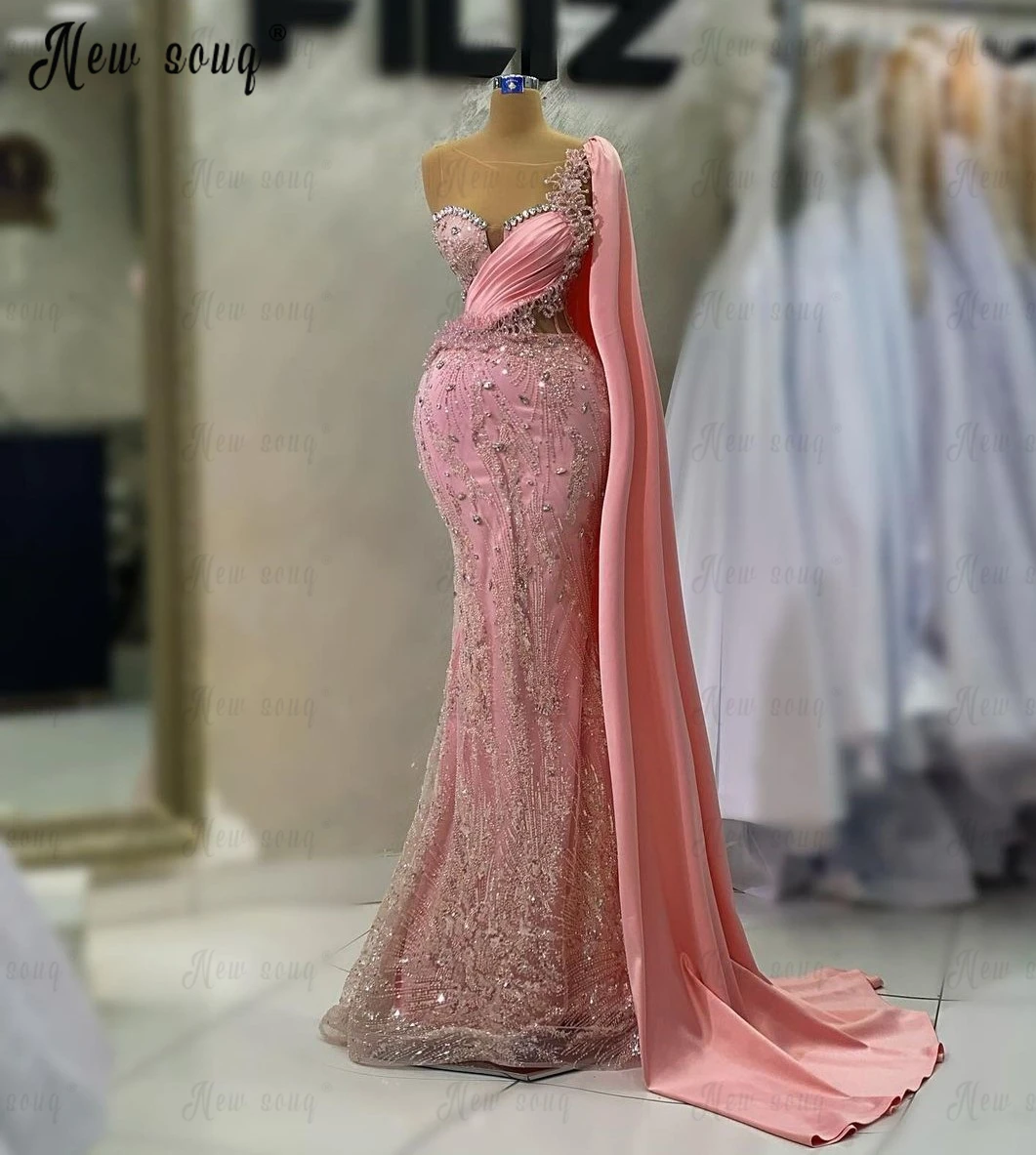 

вечернее платье Long Cape Sleeve Prom Dress for Weddings Mermaid Pink Formal Occasion Dresses Arabic Dinner Party Gowns Custom