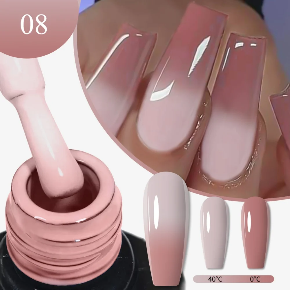 Visuatia temperature-changing nail gel, a milky white to nude brown gradient gel that changes color with changes in ambient temperature. The gel has a moderate viscosity, making it difficult for the gel to run or spill