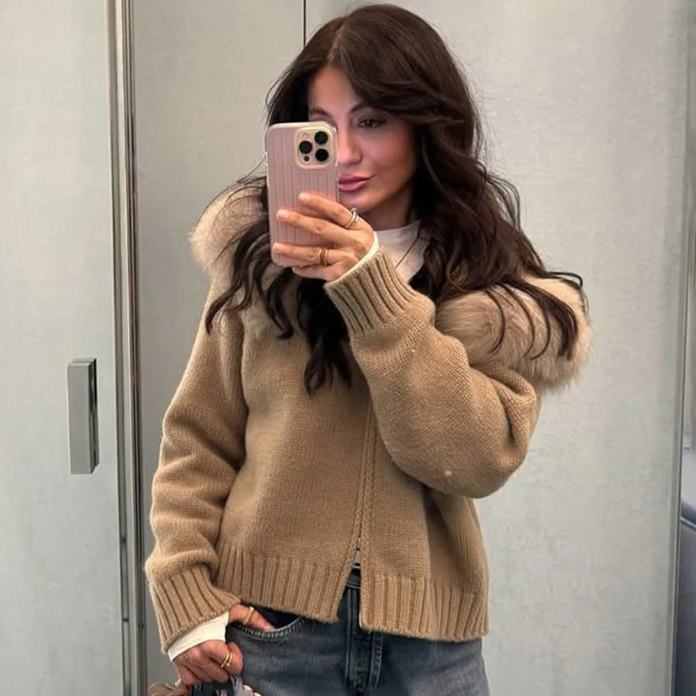 Talenza Winter Female Sweater Hoodie Cardigan Fluffy Zipper Patchwork Long Sleeve Ribbed Solid Knit jacket Coat Women's Cardigan