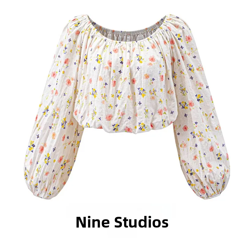 French Style Women's Top Sweet And Spicy Floral Design One Shoulder Lantern Sleeve Waist Cinching Long Sleeve T-shirt