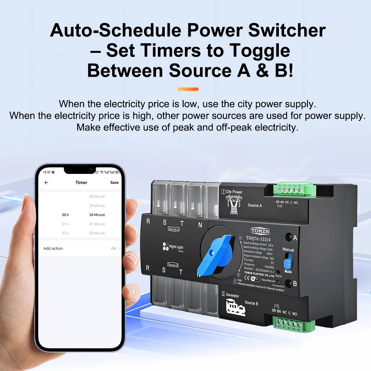 TOMZN 110V 120V Three Phase WIFI Smart ATS Dual Power Automatic Transfer Selector Switch Uninterrupted 4P UPS EWeLink Din Rail