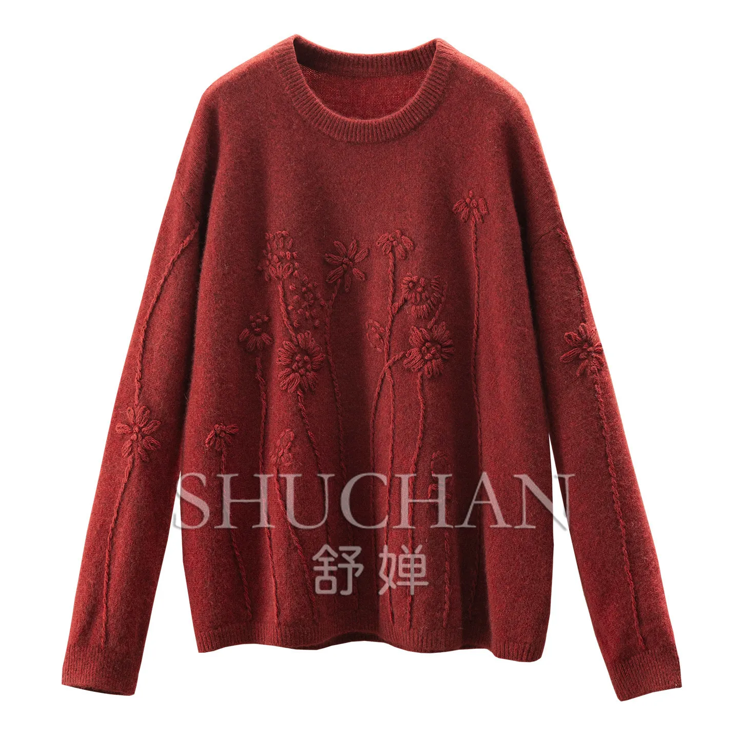 100% Yak Pullover Thick Winter 2026 New Warm Loose Embroidery Yak Fleece Crew Neck Sweater Women F587