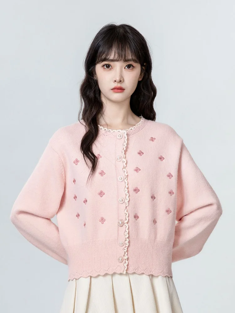 Cardigan rose en dentelle douce pour femmes, Slim, broderie, col rond, pull tricoté, mode coréenne, Style Preppy, hauts à manches longues, nouveau