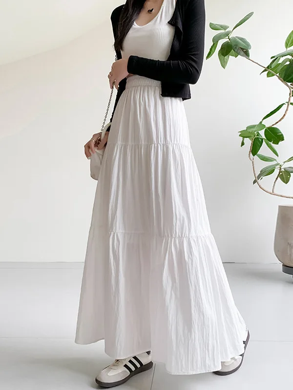 Taille haute ample Laidba Sle f jupe décontracté couleur Pure a-ligne jupe pour les jeunes femmes confortable taille élastique conception