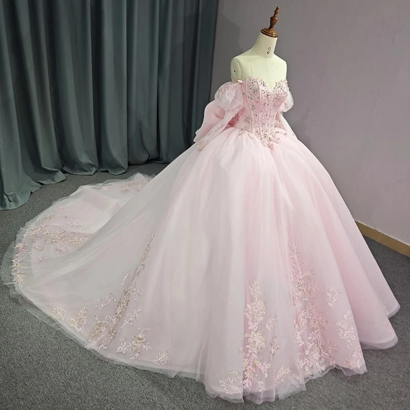 

Light Pink Ball Gown Quinceanera Dress 2024 Applique Lace Tulle Princess Sweet 16 Vestido De XV Años Brithday Party Gown