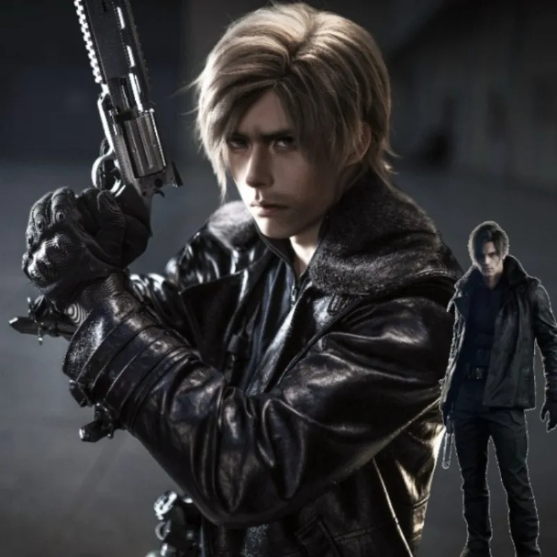 

Resident Evil 9 Leon Jacket Cosplay Costume Premium Faux Leather Motorcycle Coat Sherpa Collar Utility Cargo Pockets For Men
