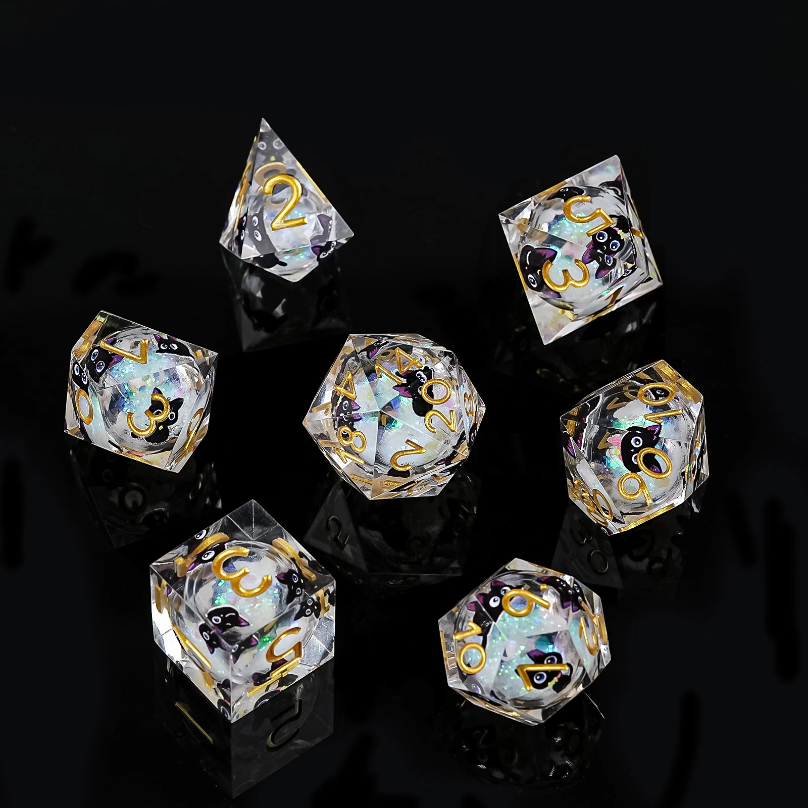 1-7 قطعة DND واضح سريع الرمال الراتنج النرد الأسود القط هريرة مجموعة نرد متعددة الوجهين نرد متعدد السطوح ل D & D COC دور RPG لعبة الطاولة