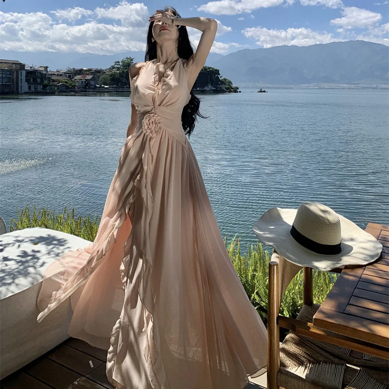 Vestido bohemio de fiesta de vacaciones para mujer, vestido largo de playa con volantes y escote en V profundo, cintura alta, liso, Sexy, sin espalda