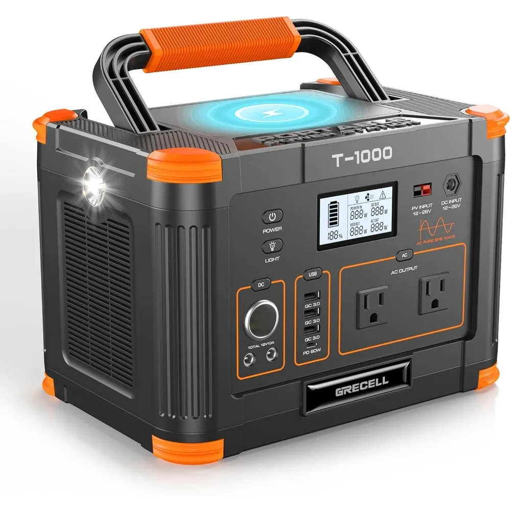 

Power Station 1000W,GRECELL 999Wh Solar Powered Generator 110V AC Outlet,PD 60W Fast Charging Backup Lithium Battery Pack Power