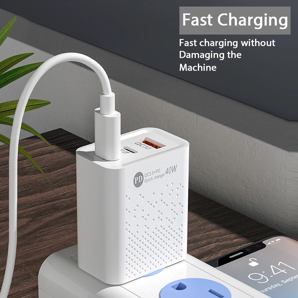 40W Output USB C PD Fast Charger QC 3.0 Dual Port Quick Charging Adapter Compact Wall Plug for iPhone 17 Xiaomi Samsung Huawei