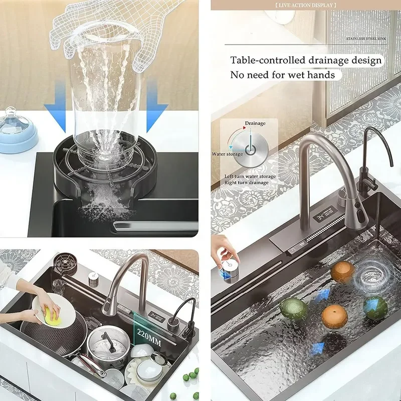 for Stainless Steel Nano Digital Display Shark Flying Rain Sink Handmade Basin Kitchen Vegetable Washing Dishwashing