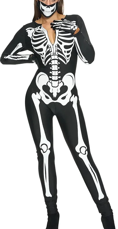 Damen Sexy 3D-Digital-Druck Bunter Skelett-Zentai-Jumpsuit Cosplay-Kostüm Halloween-Party Performance Enganliegender Bodysuit – Detail 2