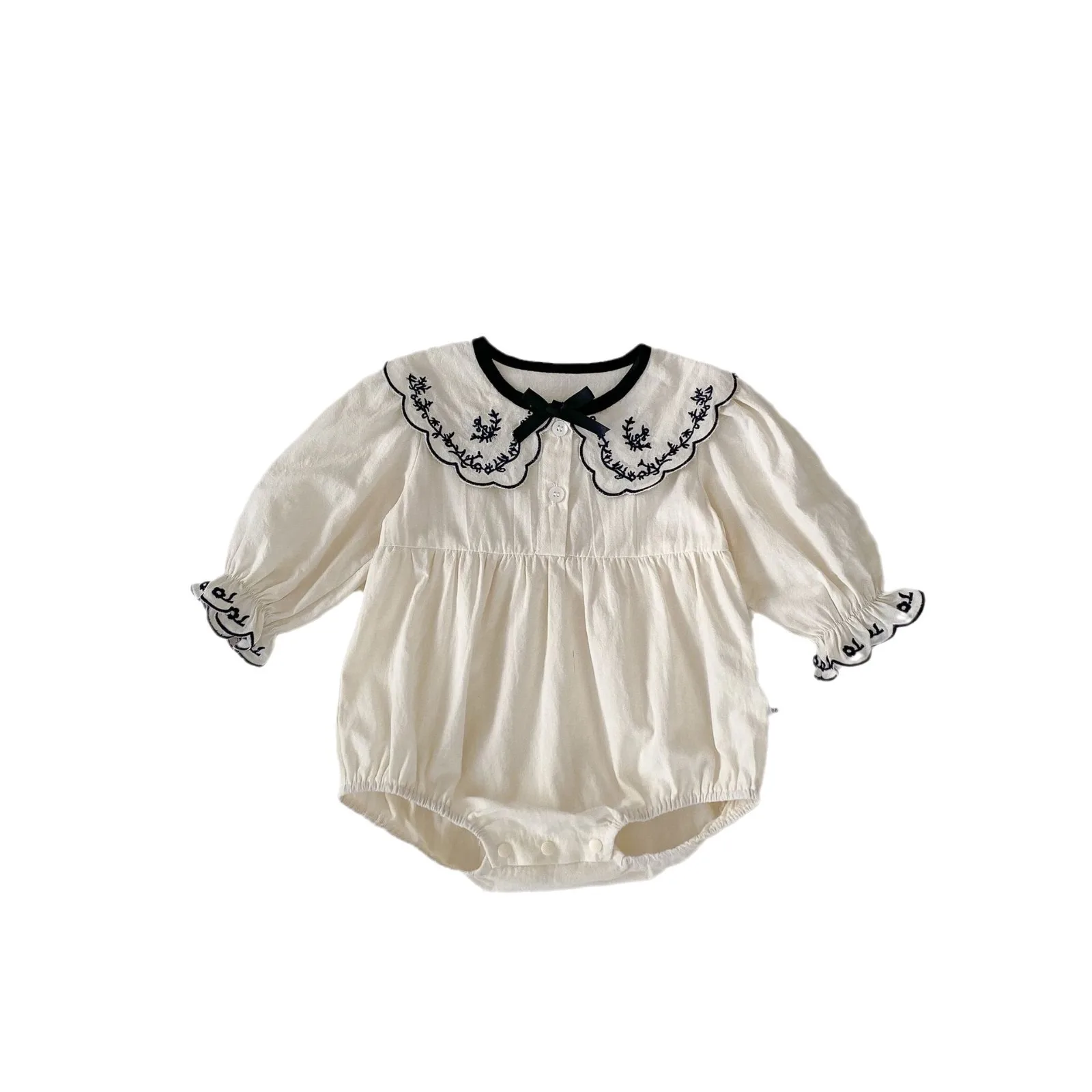 New Baby Girl Autumn Clothes: Stylish Embroidered Turn-Down Collar Long Sleeve Thin Bodysuit for Infants