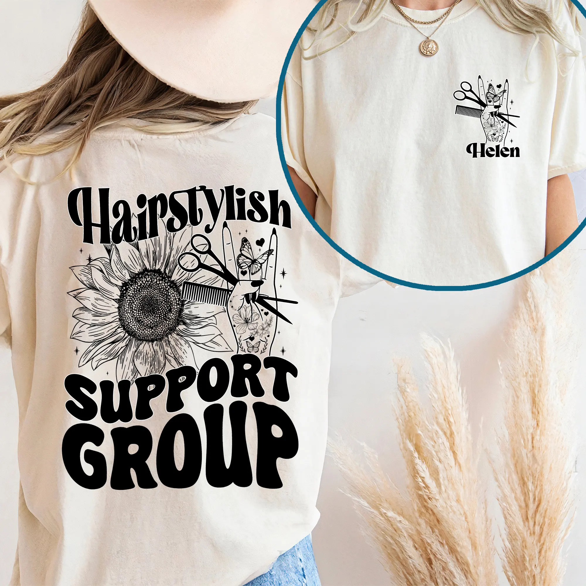 Hairstylist Support Group Slogan Women T-shirt Hair Cutting Tools and Sunflowers Back Print Female Shirt New Trend Summer Tee