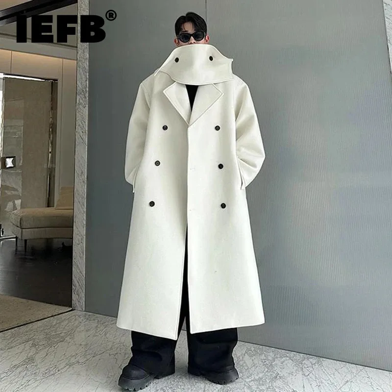 IEFB New Fashion Men\'s Woolen Overcoat Detachable Neckerchief Belt Lapel Double Breasted Overknee Solid Color Male Trench 9C8462