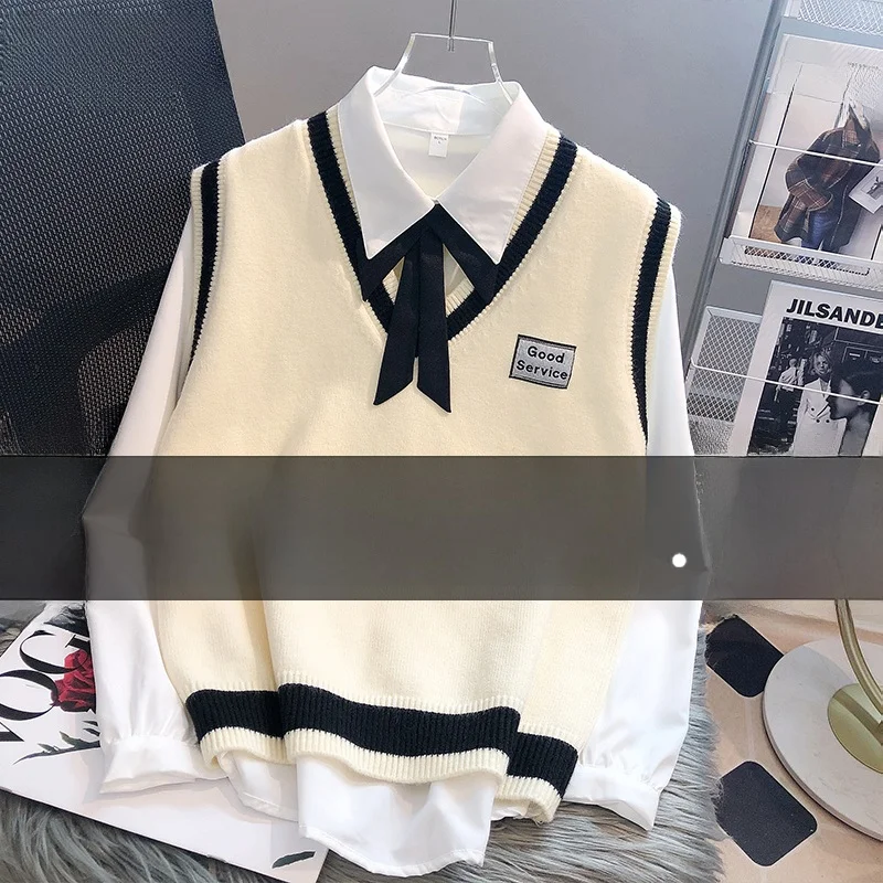 

Women's Knitted Vest Top And Bot Two-Piece Set Autumn Winter Sweater College Sle Faion Commute V-Ne No Button Design