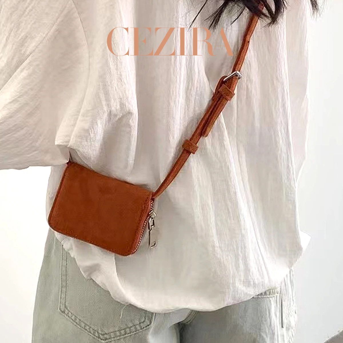 CEZIRA Cute Compact Faux Suede Small Square Crossbody Bag Zipper Closure Short Wallet Coin Purse For Women Daily Trip Casual Use