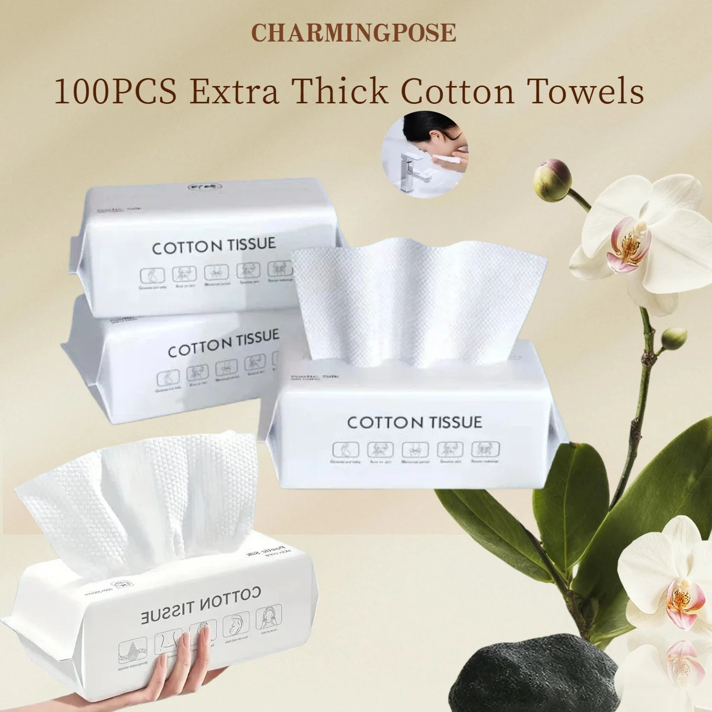 100PCS Extra Thick Cotton Face Towels | Biodegradable Makeup Remover Pads | Premium Facial Cleansing Tissue for Sensitive Skin C