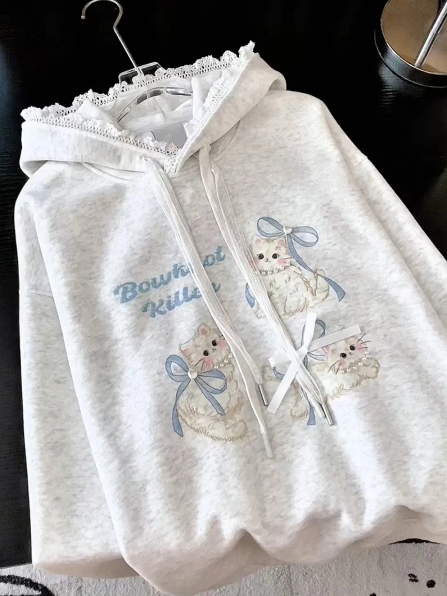 

Adorable Lace Trim Print Hoodie Slimming Versatile Beaded Top Outerwear Trendy Korean Style Long Sleeve Cotton Sweatshirt