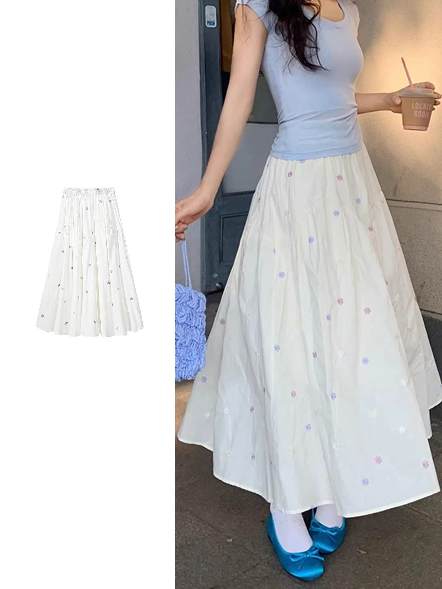 plus Size Women's White Floral Pleated Midi Skirt Spring Summer New Style High Waist A-Line Skirt Elegant Feeling Half-length...