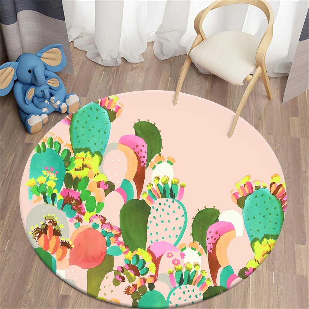 

HX Newest Round Carpet Colorful Desert Cactus Fruit Art Painting 3D Printed Carpets for Living Room Flannel Bedroom Area Rug