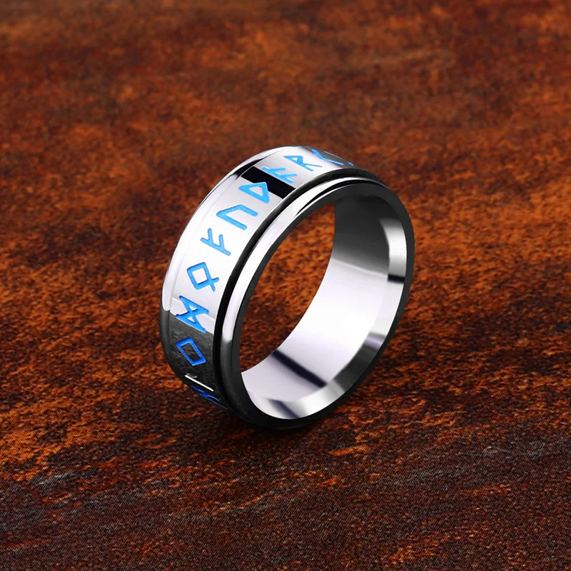 Steel soldier rotating viking rune ring stainless steel men nordic myth religious jewelry