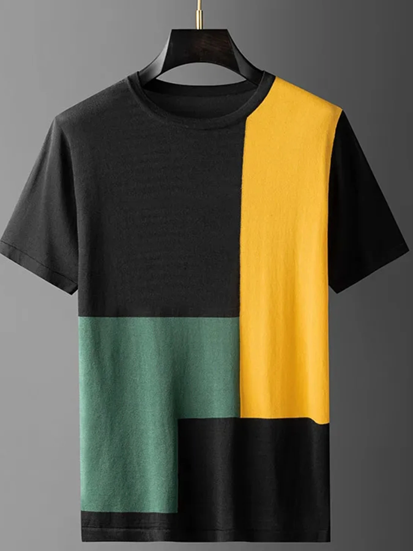 Men's Color Block Geometric T-Shirt Black Yellow Green Casual Short Sleeve Fashion Slim Fit Top