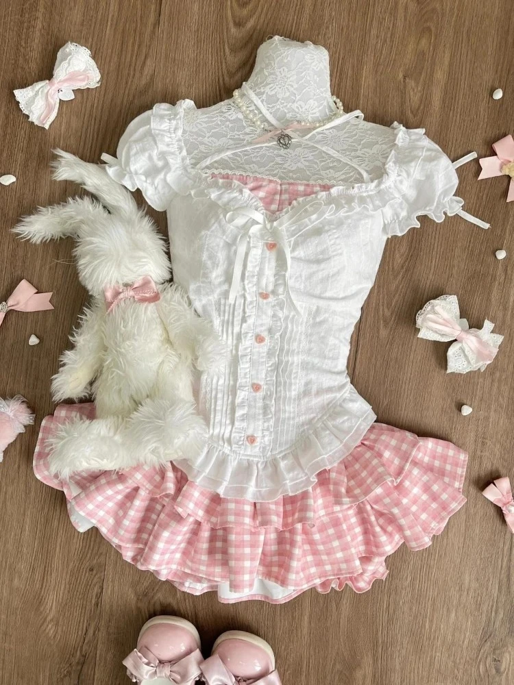 ฤดูร้อนญี่ปุ่น Kawaii Lolita Elegant 2 ชิ้นชุดผู้หญิงสีชมพู Y2k Bow Design กระโปรงมินิชุดเจ้าหญิงหญิงหวาน Chic ชุด